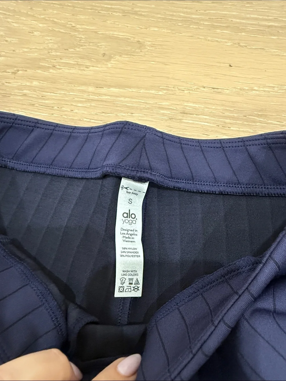ALO authentic like new high waist pinstripe zip it flare legging in navy